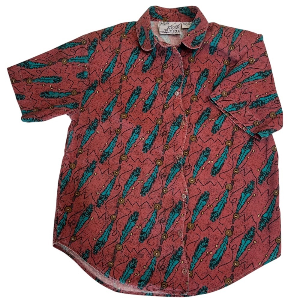 Vintage Mine & Bills Outfitters Feather Print Western Button Down Size S - Picture 1 of 8